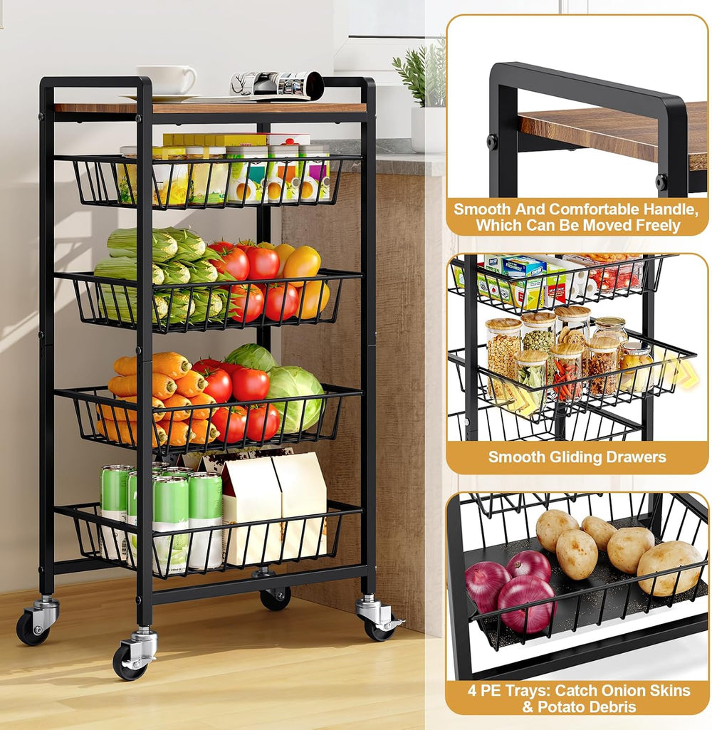 TOOLF 5 Tier Kitchen Storage Cart, Metal Utility Rolling Snack Cart | Wooden ...