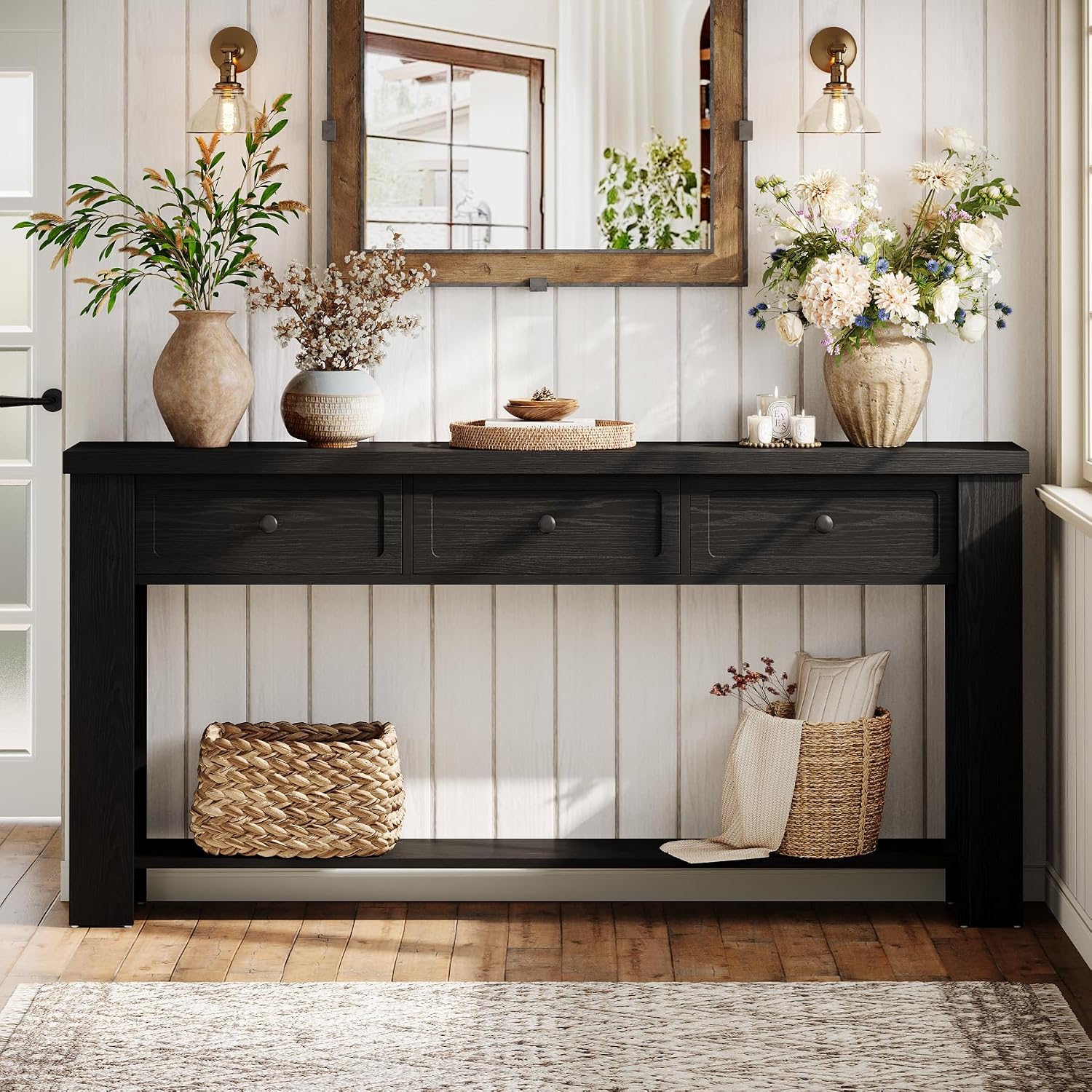 Tribesigns 70.9-Inch Long Console Table with 3 Drawers, Farmhouse Entryway Table with Storage, Rectangular Narrow Sofa Table Behind the Couch, Accent Table for Hallway, Living Room, Entry, Black