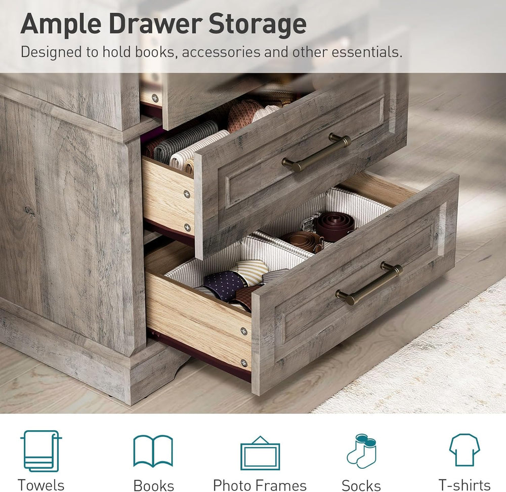 RALGEND 3 Drawer Tall Nightstand with Charging Station, Farmhouse Bedside Tab...