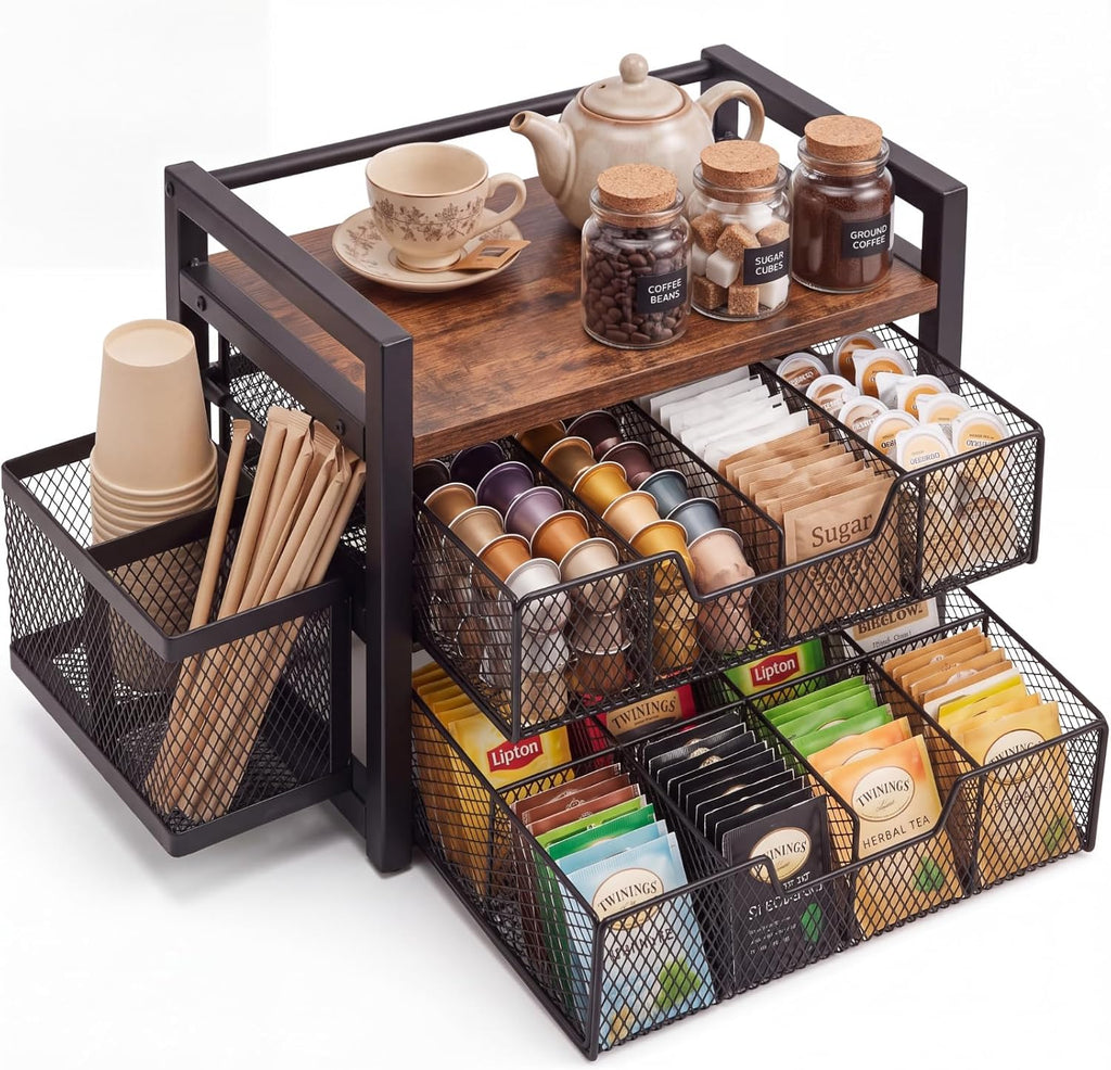 2 Tier Large Tea Bag Organizer with 16 Compartments, Side Cup Holder, Wood and Metal Coffee Bar Storage Station with Pull out Drawers and Top Tray for Countertop Kitchen Office, Rustic Brown