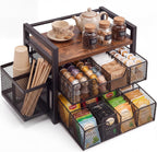 2 Tier Large Tea Bag Organizer with 16 Compartments, Side Cup Holder, Wood and Metal Coffee Bar Storage Station with Pull out Drawers and Top Tray for Countertop Kitchen Office, Rustic Brown