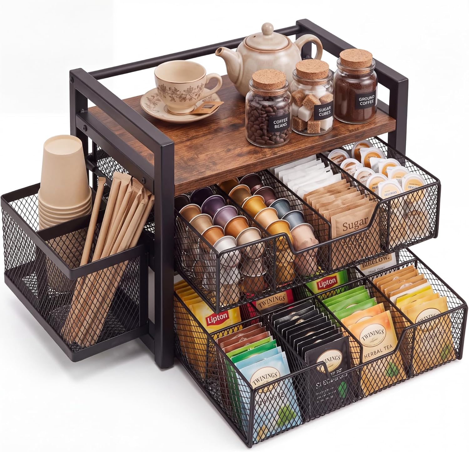 2 Tier Large Tea Bag Organizer with 16 Compartments, Side Cup Holder, Wood and Metal Coffee Bar Storage Station with Pull out Drawers and Top Tray for Countertop Kitchen Office, Rustic Brown
