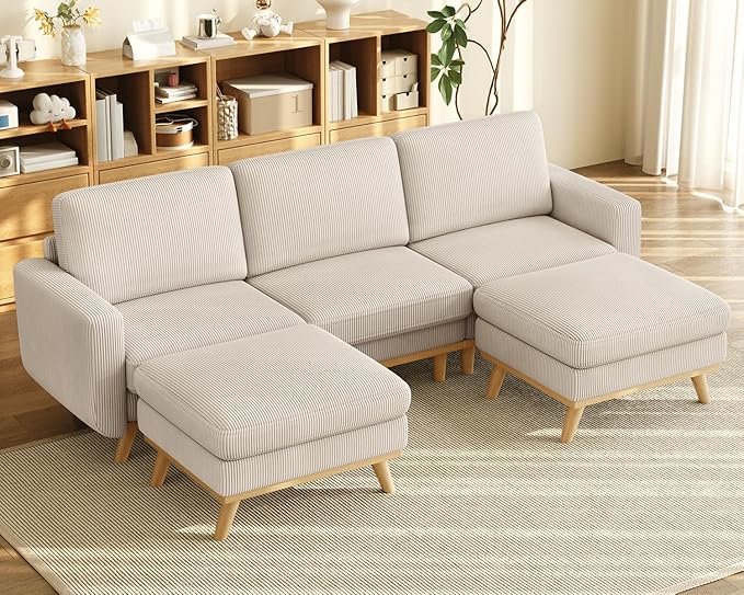 Vesgantti 97" Modular Sectional Sofa Light Gray, U-Shaped Couch with Movable Ottoman, Comfy Corduroy Couch with Spring Cushion, Modular Sofa with Deep Seat for Living Room, Bedroom and Apartment