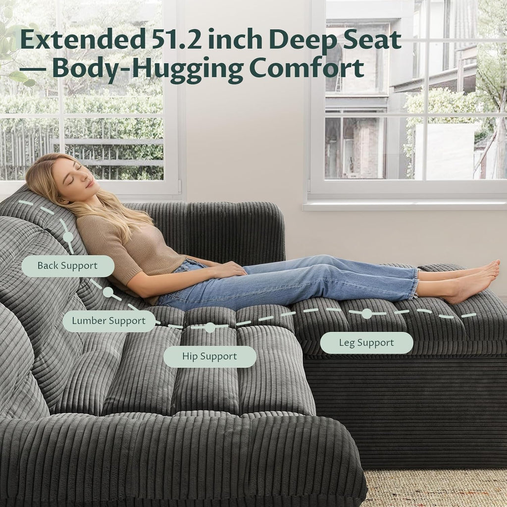 112" Modular Cloud Sectional Couch with Ottoman, Modern Upholstered Compressed Sofa with Deep Seat, Comfy L-Shape Corduroy Couches for Living Room, No Assembly Required, Dark Gray