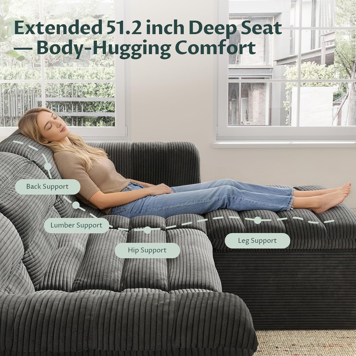 112" Modular Cloud Sectional Couch with Ottoman, Modern Upholstered Compressed Sofa with Deep Seat, Comfy L-Shape Corduroy Couches for Living Room, No Assembly Required, Dark Gray