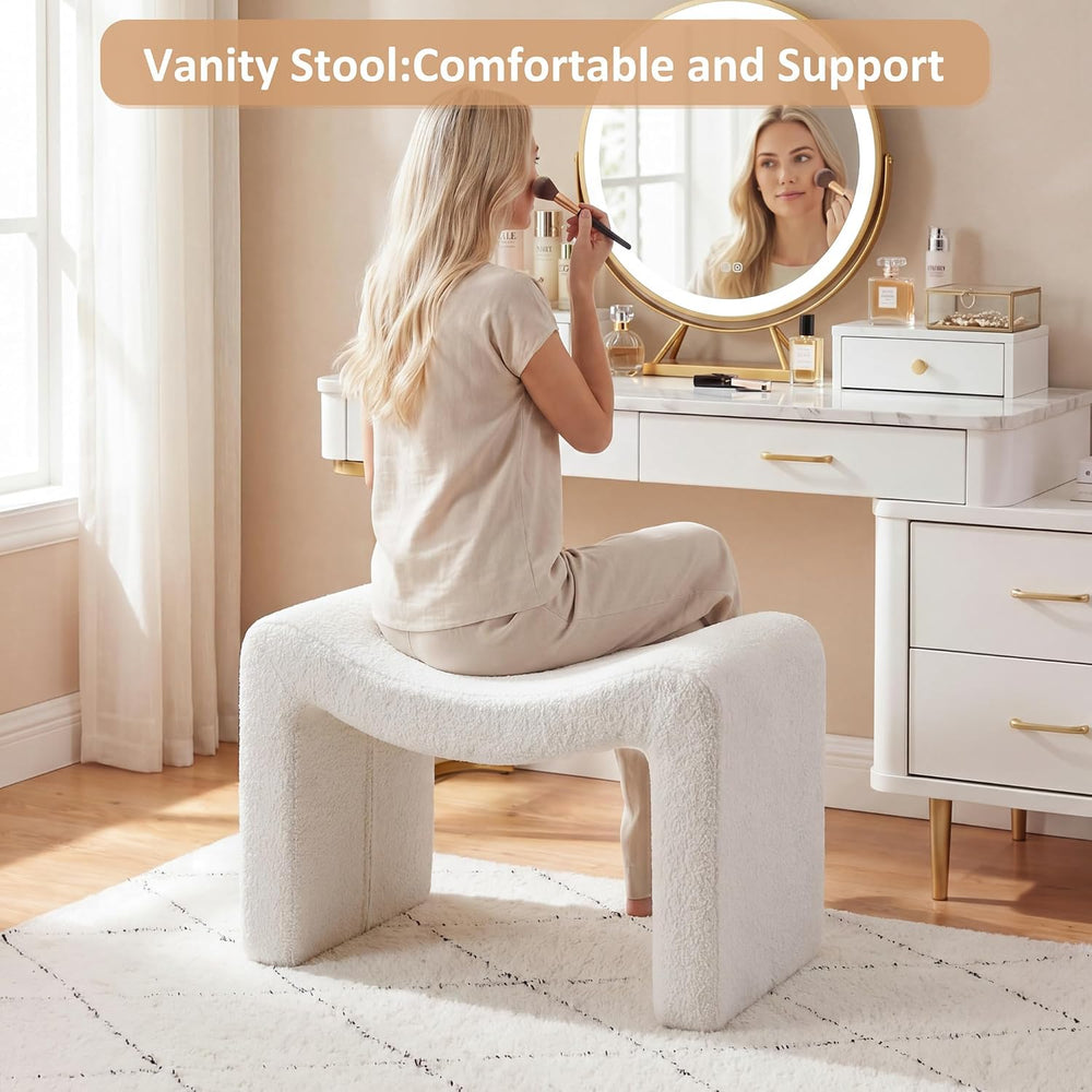 Modern Boucle Ottoman, Vanity Stool Chair, Foot Stool with Wooden Legs Sofa B...
