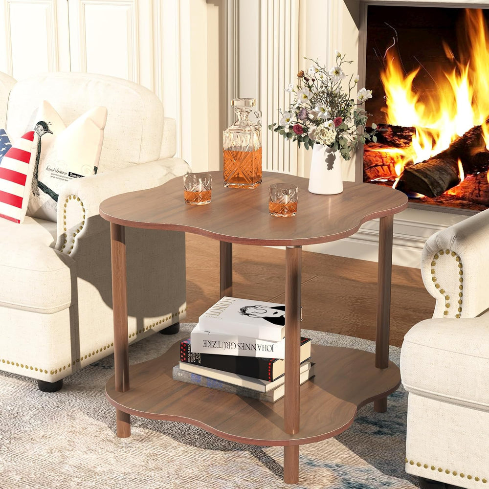 Wood End Side Table with Storage Shelf, 2-Tier Flower Shaped Coffee Table for...
