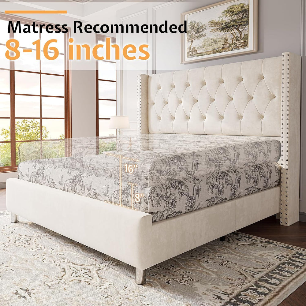 PaPaJet King Velvet Bed Frame with 49.2" Tall Wingback Headboard, Cream