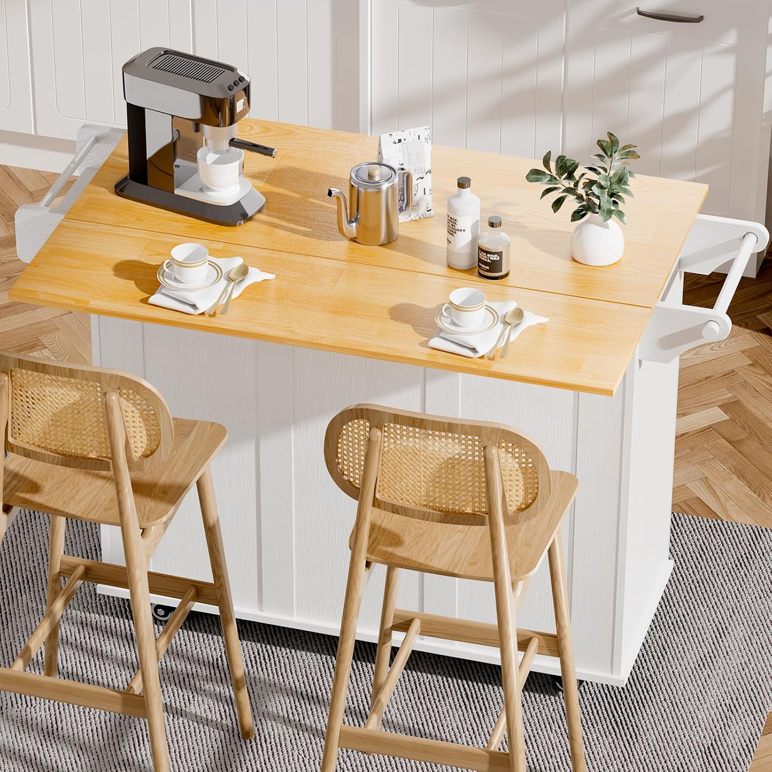 Kitchen Island with Storage, Rolling Kitchen Island Cart with Drop Leaf, Storage Drawers, Spice Rack, and Towel Rack for Kitchen and Dining Room, White