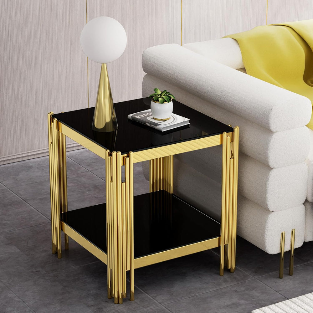 Luxury Gold Glass End Table,Sqaure Sofa Side Table with Shiny Geometric Stain...