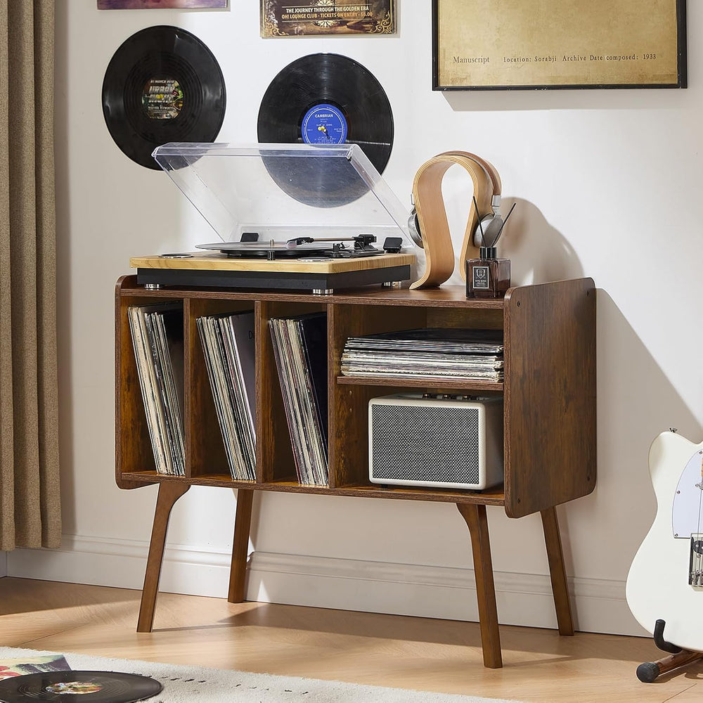 Lerliuo Record Player Stand with 4 Cabinet Holds Up to 220 Albums,Brown | Lar...