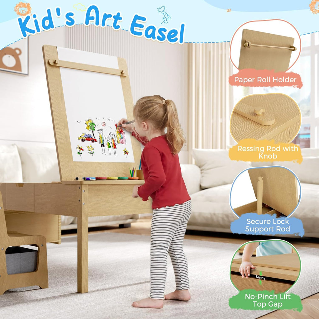 5-in-1 Kids Art Table and Chairs, Toddler Table and Chair Set, Craft Play Desk for Kids, Convertible Art Easel with Paper Roll Holder & Storage Drawers, Children Activity Learning Center - Nature Wood