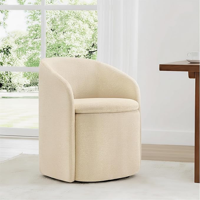 Upholstered Dining Chairs with Casters, No Assembly Rolling Modern Dining Room Chairs with Hidden Storage & Barrel Backrest, Accent Chair for Bedroom, Living Room, Dressing, Sand, Set of 1