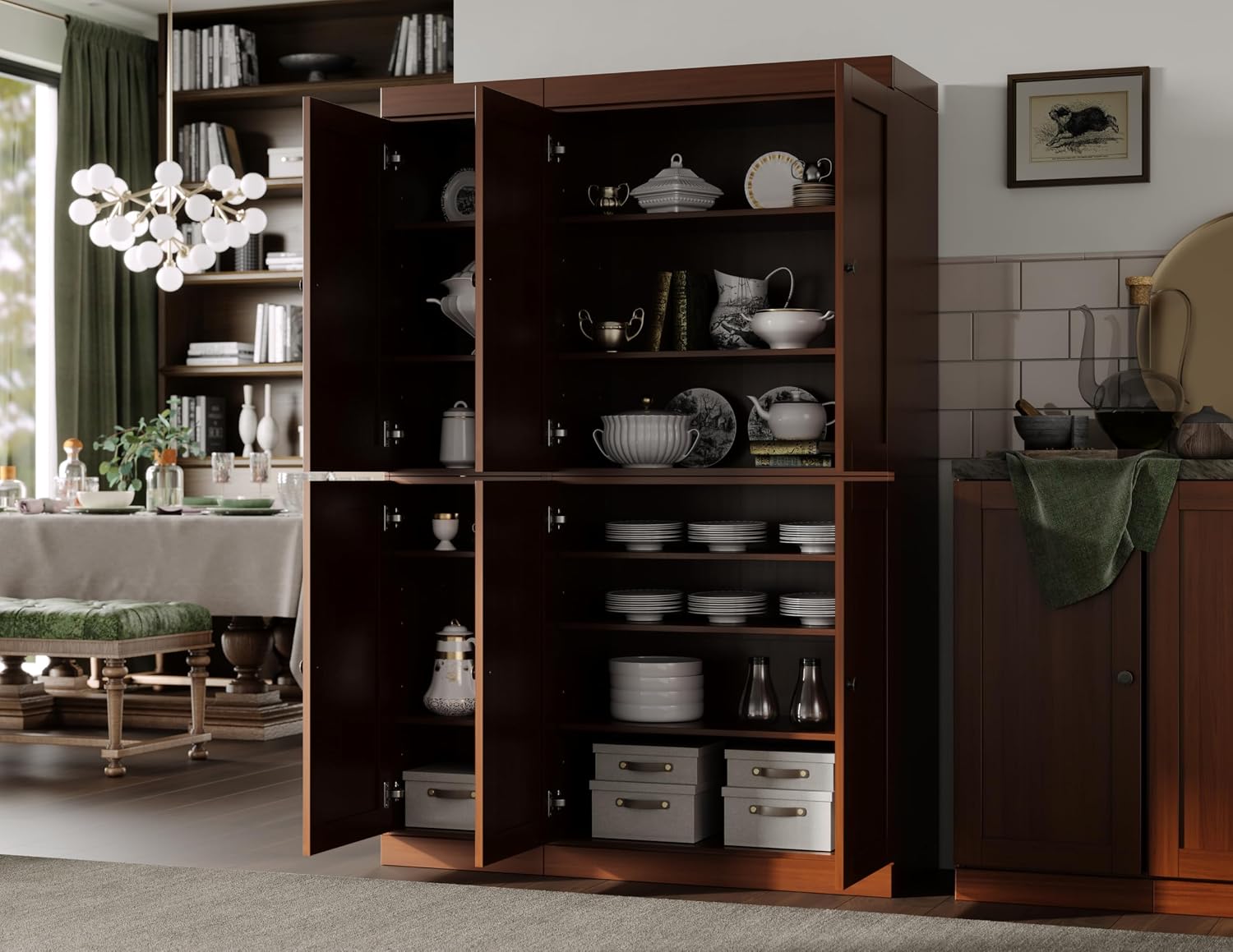 Palace Imports Solid Wood Kitchen Pantry Cabinet 71.5" Tall, 48.5" Wide – Wooden Storage Cabinet w/ 6 Shaker Doors & 8 Adjustable Shelves – Mocha, Renewable Eco-Friendly 100% Wood, Made in Brazil