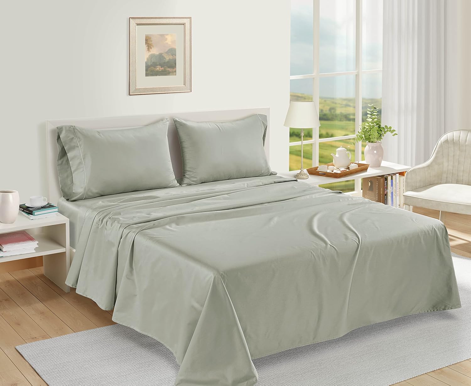 LANE LINEN Pillow Case Covers King Set of 2 100% Egyptian Cotton Sateen Soft Cool & Smooth 1000 Thread Count Cases - Mineral