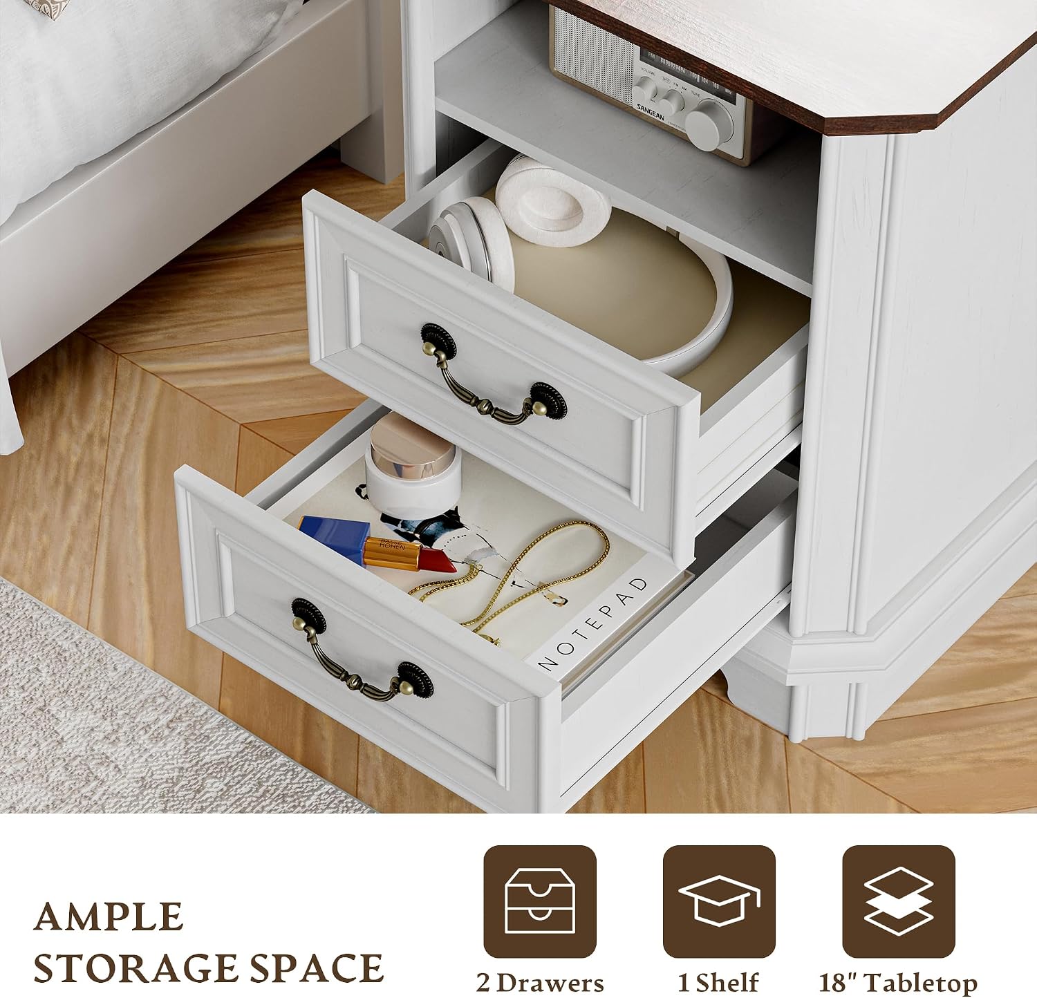 Xixini 18" Farmhouse 2-Drawer Wood Nightstand with Charging Station, White | Rustic Bedside Table with Vintage Metal Handles, Open Shelf, Spacious Storage, Sturdy Base Design, End Table for Bedroom