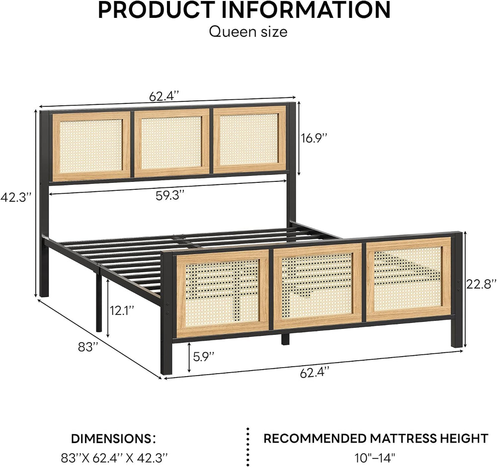 LIKIMIO Queen Bed Frame, Platform Bed Frame with Rattan Headboard