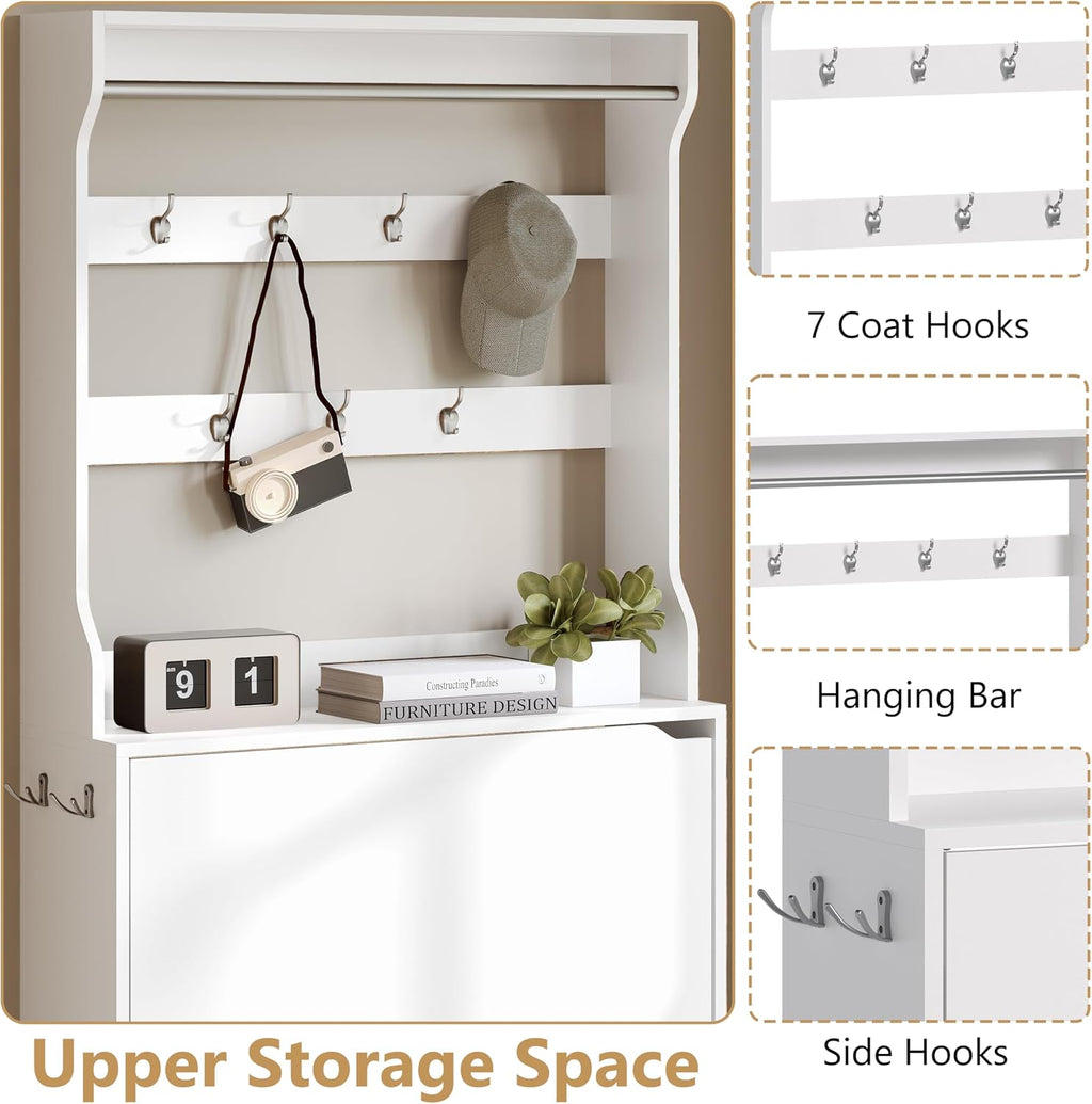 Tall Shoe Cabinet with Coat Rack, Hidden Shoe Storage Cabinet with Doors & Drawer, Hanging Bar & Hooks, Slim Narrow Freestanding Shoe Rack Organizer for Entryway, Hallway & Living Room, White