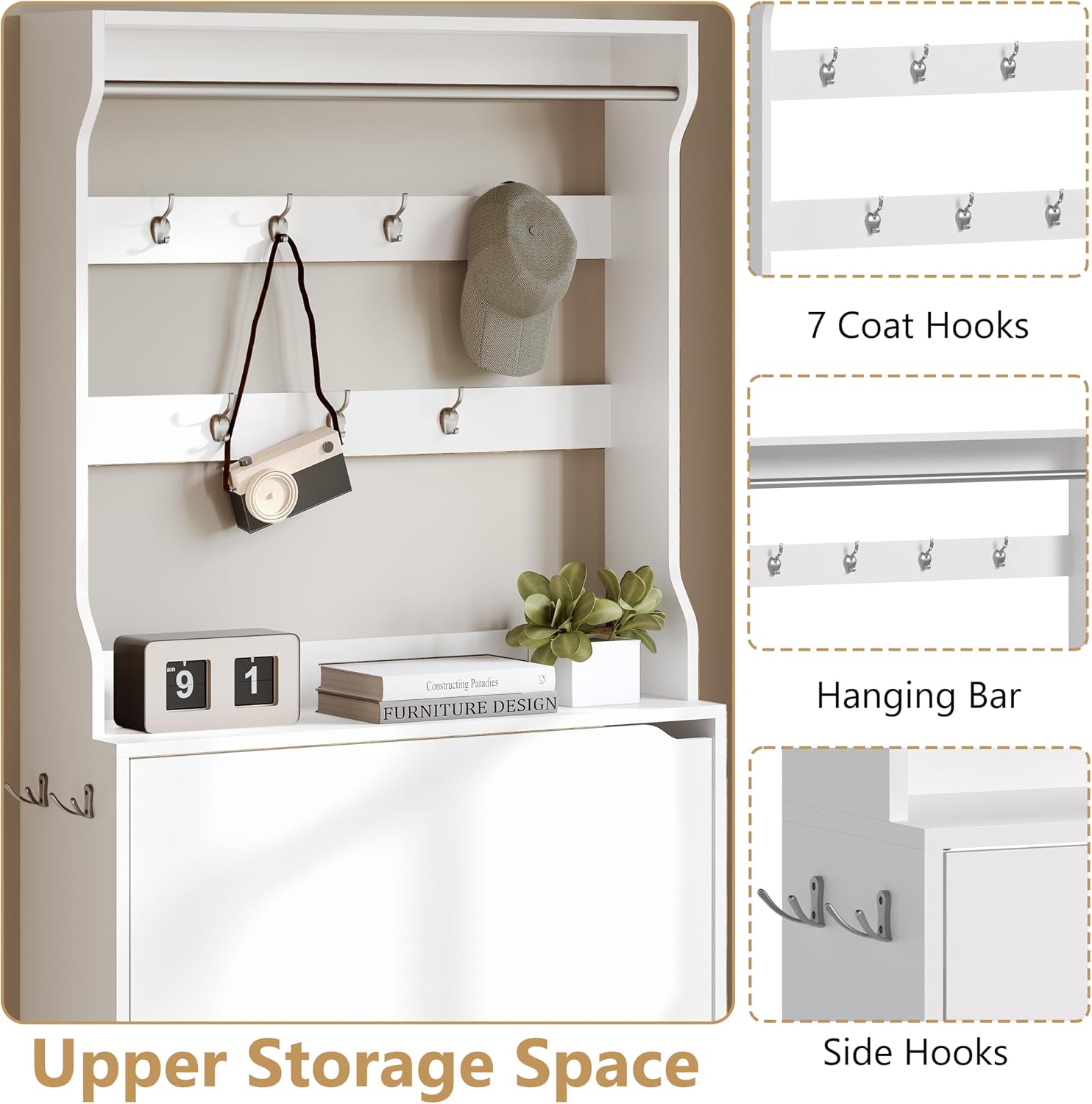 Tall Shoe Cabinet with Coat Rack, Hidden Shoe Storage Cabinet with Doors & Drawer, Hanging Bar & Hooks, Slim Narrow Freestanding Shoe Rack Organizer for Entryway, Hallway & Living Room, White