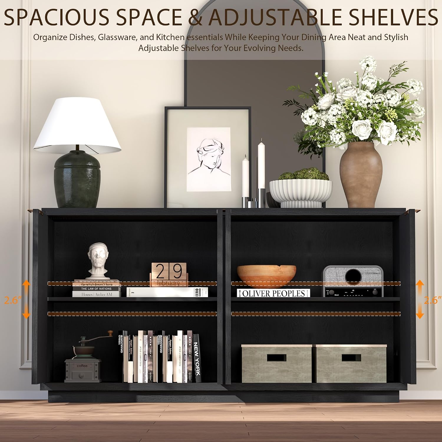 Yechen 118" Black Sideboard Buffet Cabinet with Storage, Modern Credenza with 3D Geometric Pattern Doors & Adjustable Shelves, Accent Wood Media Console Table for Living Room, Kitchen/2 Pieces