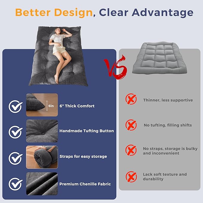 MAXYOYO Japanese Floor Mattress Full Size, 6" Foldable Futon Mattress Tufted Roll Up Floor Bed, Thick Chenille Tatami Mat Sleeping Pad for Camping Guest Room Dormitory Bedroom RV, Dark Grey