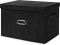 Large Linen Fabric Foldable Storage Bins with Removable Lid and Handles, Washable Storage Box Organizer Containers Baskets Cube with Cover for Bedroom,Office(Black, Medium)