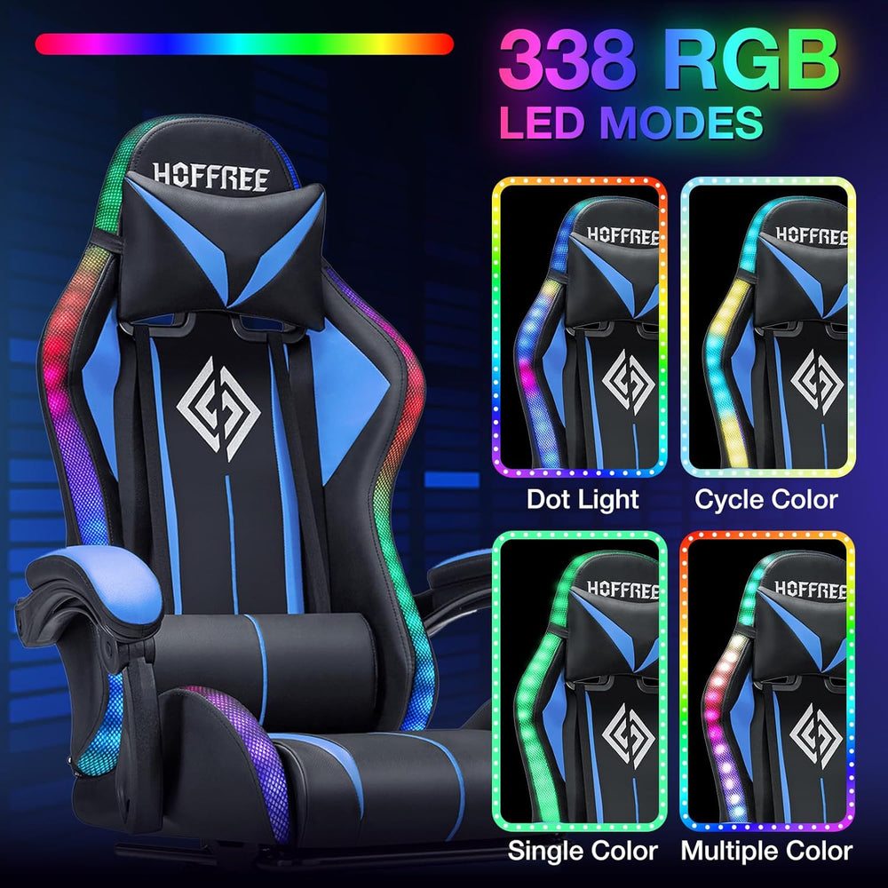 RGB Gaming Chair with Bluetooth Speakers and LED Lights Computer Chair-Blue |...