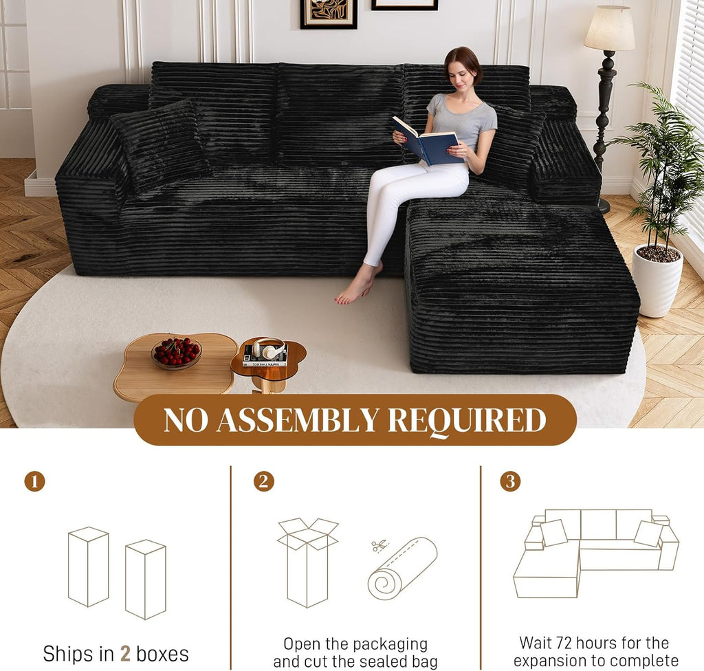 108" L Shaped Boneless Sectional Couches for Living Room, Comfy Corduroy Floor Cloud Sofa with Chaise, Wide Armrest, Deep Seat, Memory Foam, Assembly Free, Ideal for Small Spaces, Black