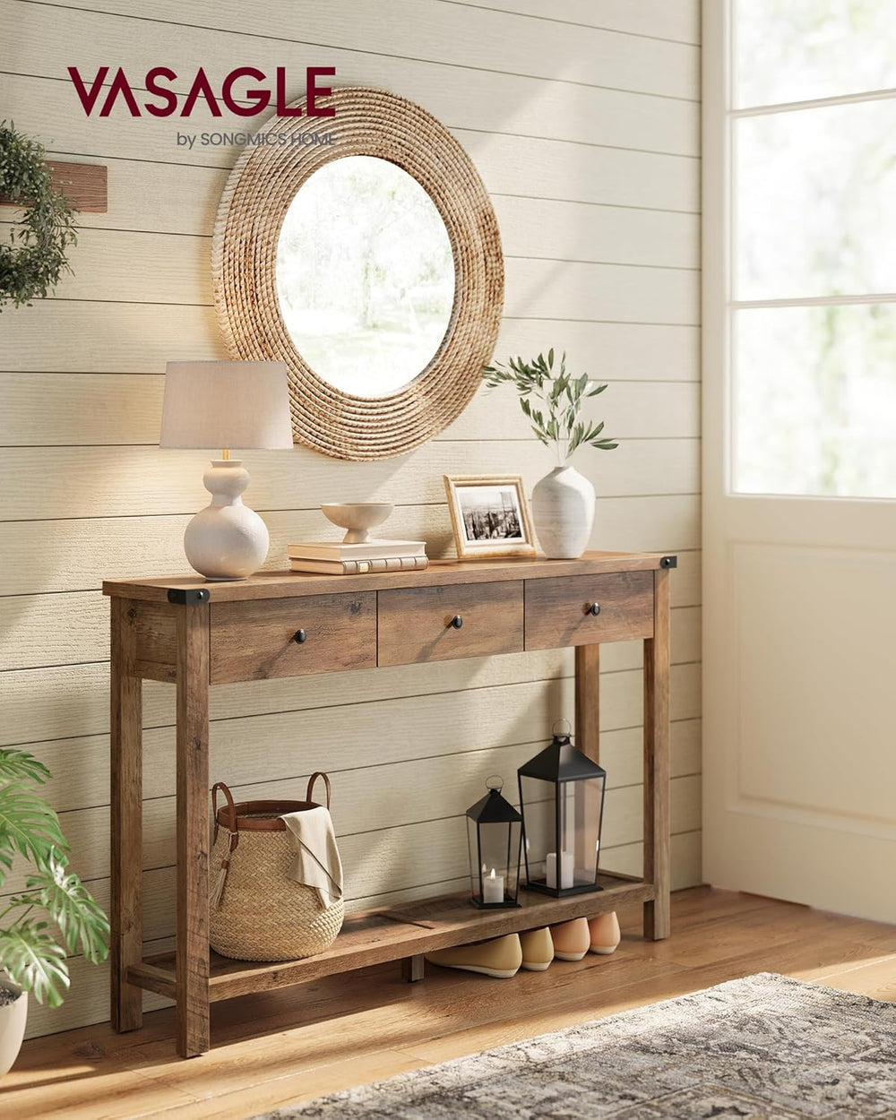 VASAGLE LIRY Collection Narrow Console Table with 3 Drawers, Brown | Sofa Tab...