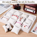 2 Pcs Velvet Watch Tray, 12 Grid Jewelry Organizer Stackable Tray Watch Bracelet Bangle Display Holder with Adjustable Pillows for Woman Man (Beige)