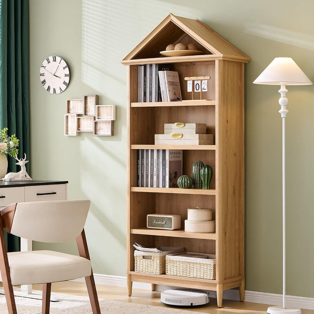 75.9" Tall Farmhouse Bookcase, Angle Arched 5 Tiers Large Bookshelf with...