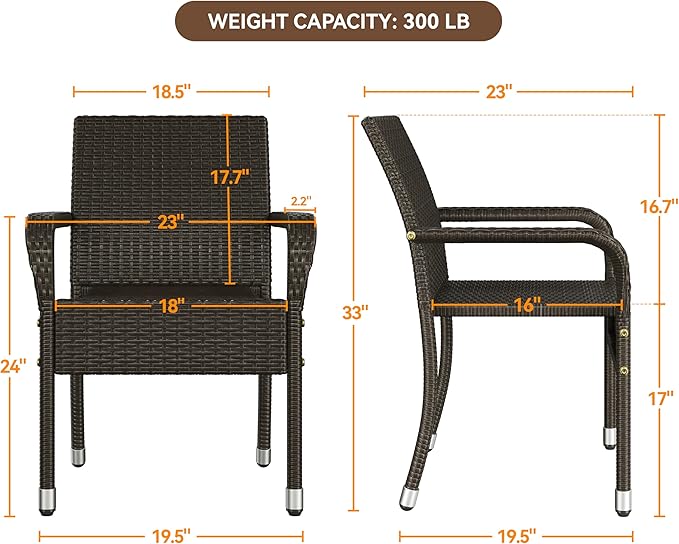 Yaheetech Set of 4 Stackable Outdoor Rattan Dining Chairs, All-Weather Armchair w/Armrests, Steel Frame for Garden, Patio, Deck, Yard, Poolside, Brown