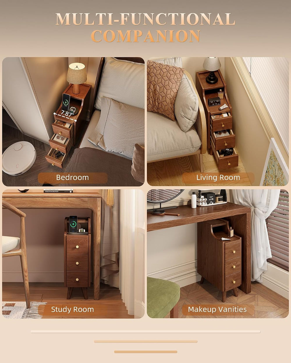 IUNVR Narrow Nightstand with 3 Drawers, Solid Wood Slim Bedside Table | 7.9&q...