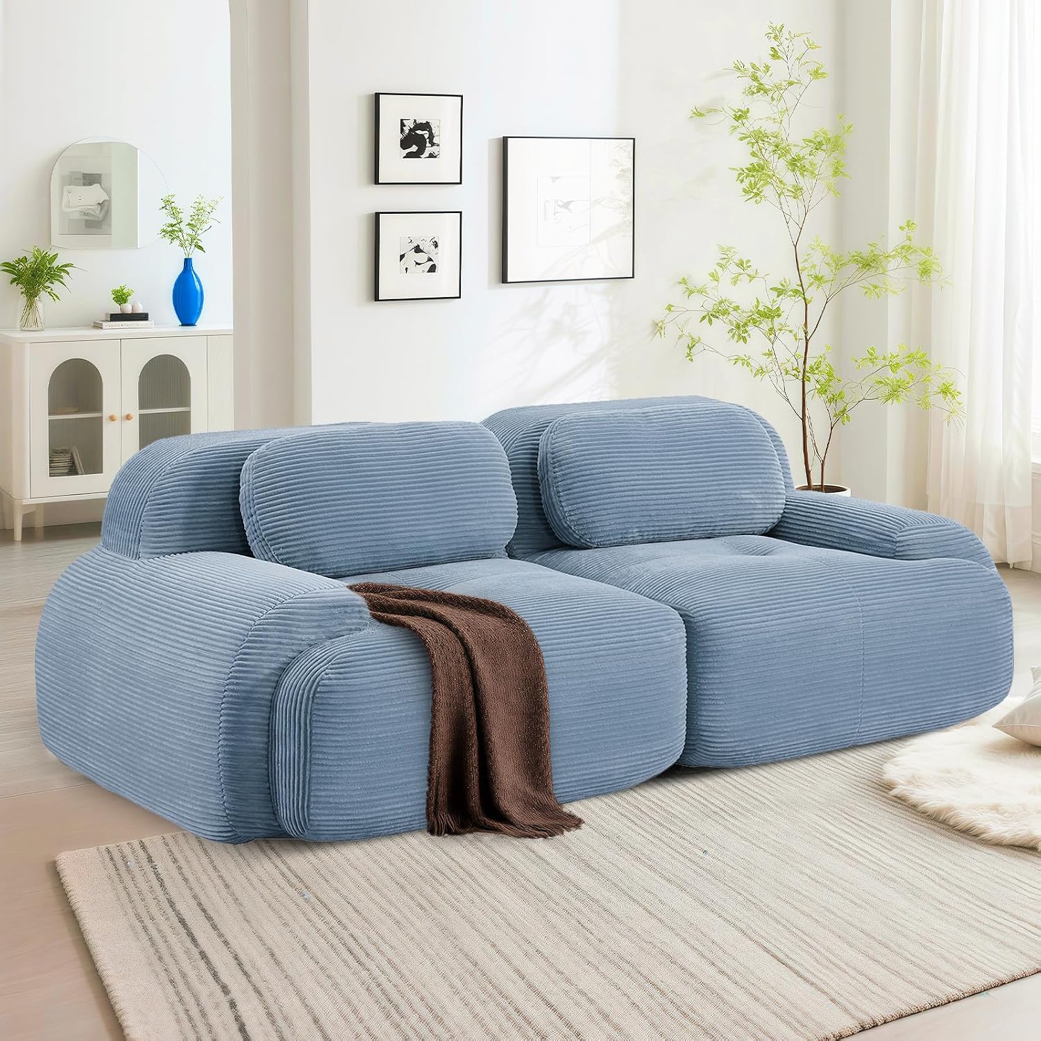 81" Loveseat Sofa, Comfy Deep Seat, No Assembly, Sofa in a Box, Modern Small Couch with Plush Corduroy Fabric for Living Room, Bedroom, Apartment, Home Office, Blue