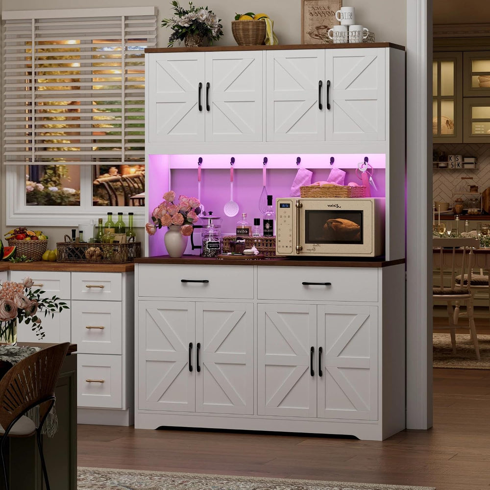 HIFIT 71" LED Pantry Cabinet with Charging Station, Tall Coffee Bar Cabi...