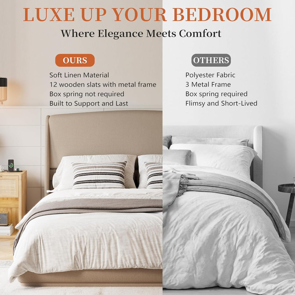 Queen Size Wooden Platform Bed, Upholstered Low Profile Linen Fabric Bed Fram...