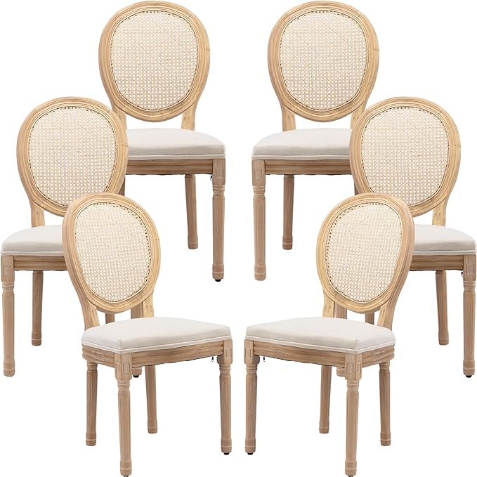 French Country Dining Chairs Set of 6, Cream Kitchen & Dining Room Chairs Set of 6, Ivory Rattan Dining Chairs, Cane Back, Wood Legs, Sillas De Comedor (Rattan, Beige, 6Pcs)
