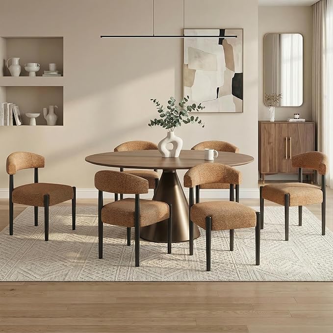 VKNOW Wooden Dining Chairs Set of 4, Modern Upholstered Dining Room Chairs with Black Rubberwood Legs and Curved Backrest, Fabric Kitchen Chairs for Dining Room, Orange(Black Legs)