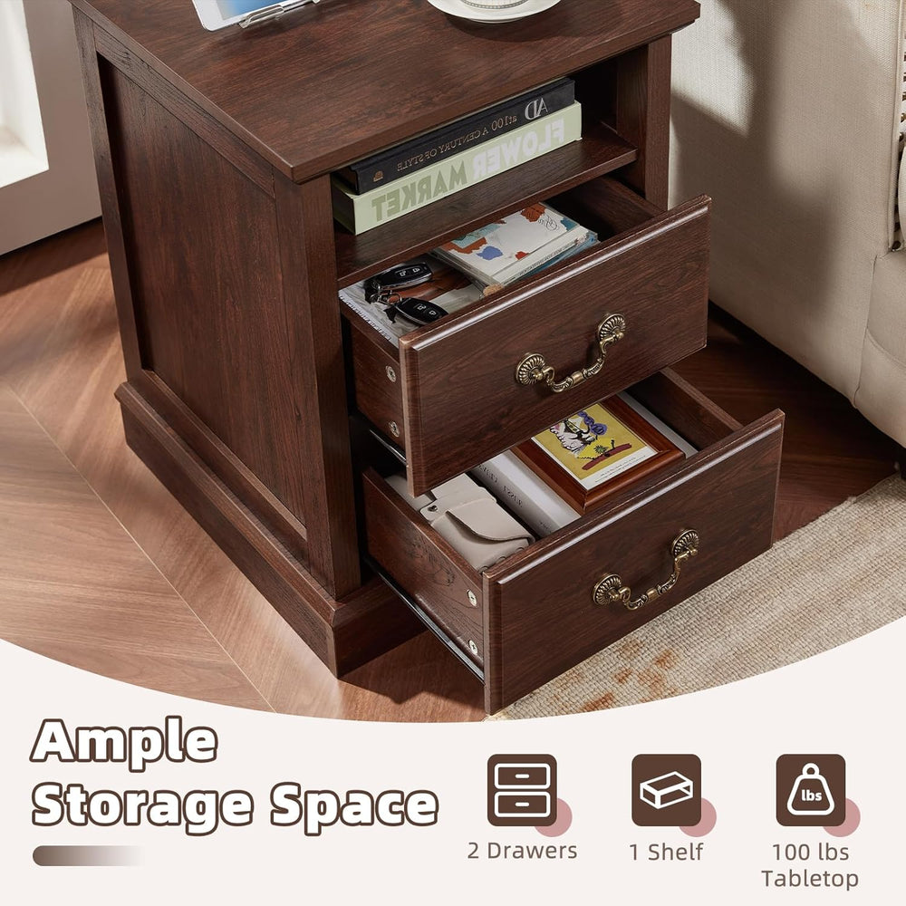 Farmhouse Night Stand with Charging Station, Walnut | 2 Drawers End Tables Be...