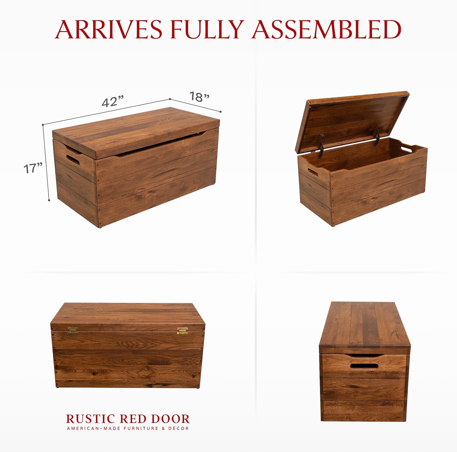Amish Made Wooden Storage Chest Trunk Box with Lid and Handles for Bedroolanket, Clothes, Anti-Slam Hinges, Handmade, Rustic Hickory Wood, Asbury Stain, 42"