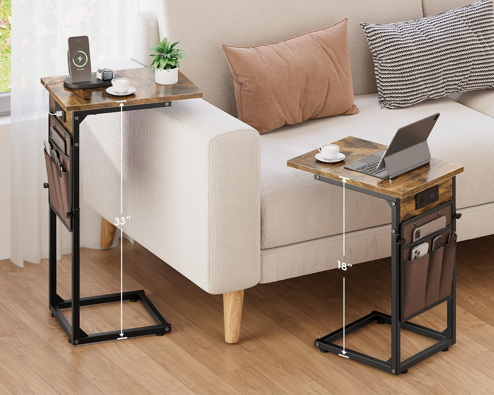 Vagusicc C Shaped End Table with Charging Station, Adjustable Height Side Tab...