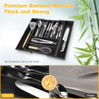 Large Premium Bamboo Silverware Organizer - Expandable Drawer Organizer & Utensil Organizer - 17"x19.7" Cutlery Tray with Dividers for Kitchen Utensils and Flatware (7-9 Slots) (Black)