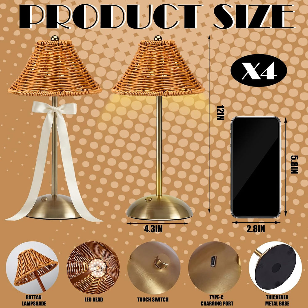 4 Pack Wedding Rattan Table Lamp, Cordless LED Rechargeable