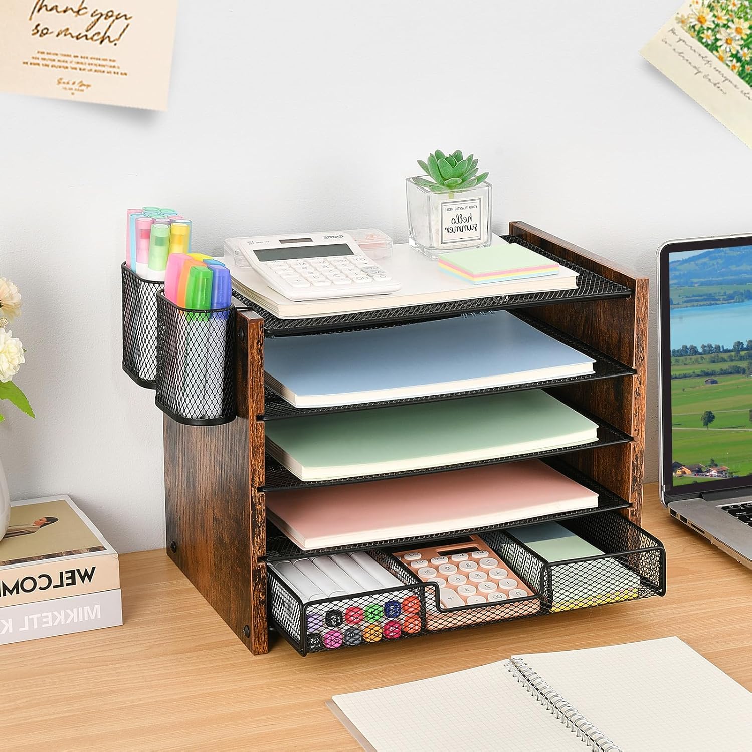 OPNCIE Desk Organizer and Accessories, 5-Tier Paper Letter Tray File Organizer with Drawer & 2 Pen Holder, Office Desk Accessories Workspace Desktop Organizer for Office Supplies(Brown)