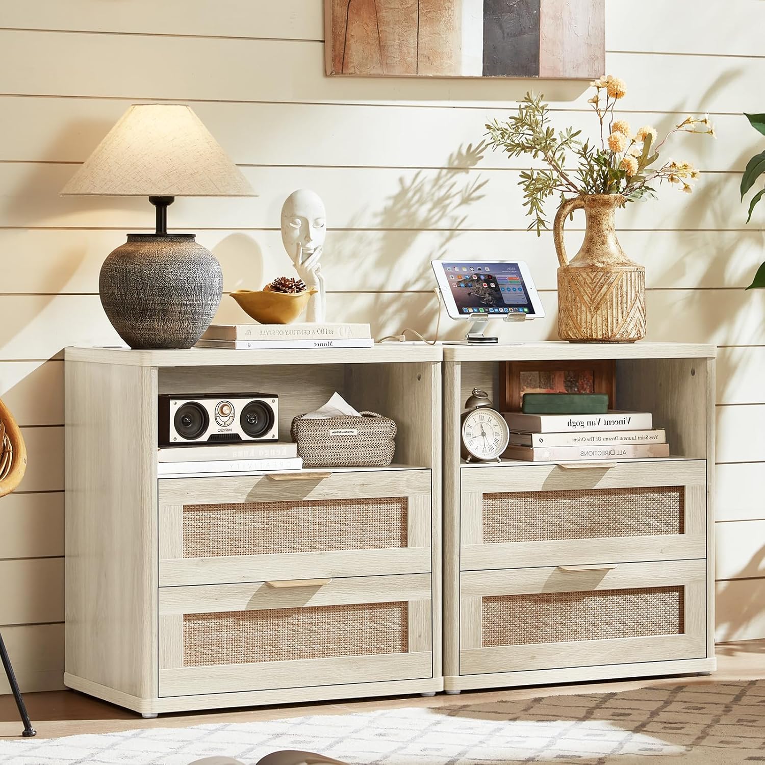LEYAOYAO Rattan Nightstands with Charger Station, 23" Wide Boho Night Stand with 2 Drawers, Grey White Bedside Table Open Shlef, Bed Side End Table Dresser for Bedroom, Living Room Hallway