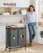 VASAGLE Laundry Sorter, 29 Gal. (110 L) Laundry Hamper Basket with 2 Compartments, Rolling Cart with Wheels, Shelf, Removable Bags, Pockets, Slate Gray and Charcoal Gray UBLH021G01