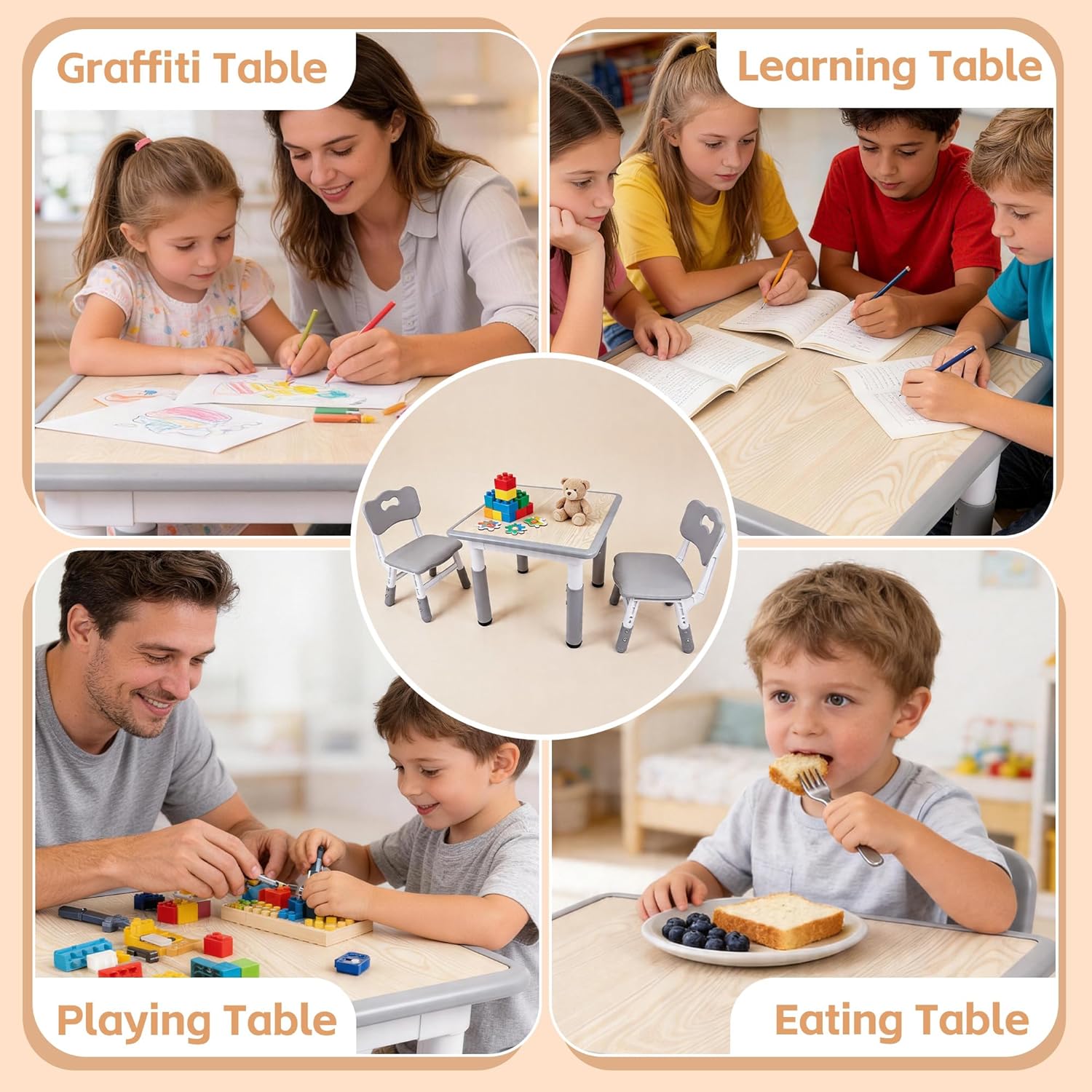 Pterying Kids Table and Chairs Set - 23.6" L x 23.6" W Height Adjustable Toddler Desk, Non-Slip Toddler Table with Graffiti Desktop for Ages 2-8, for Home Preschool Classroom Daycare, Grey
