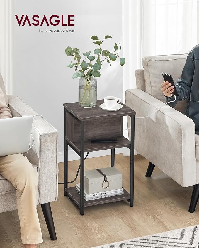 VASAGLE Side Table with Charging Station, 3-Tier End Table with USB Ports and...
