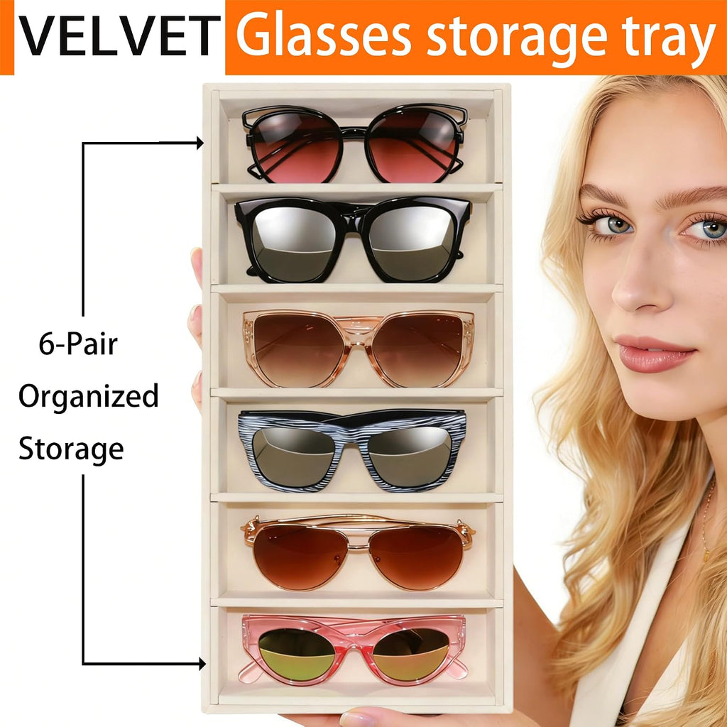 2 Pack Velvet Sunglasses Tray Stackable Eyeglasses Display Case Removable Jewelry Organizer Tray for Multiple Glasses, Reading Glasses, Earring Necklace Jewelrys Showcase, Beige