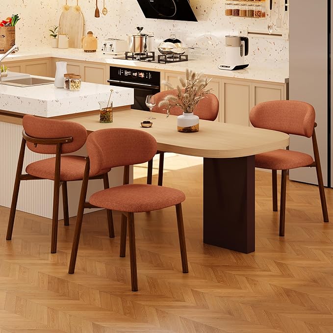 Kitchen Dining Chairs Set of 2 Modern Soft Linen Farmhouse Dining Room Chair with Metal Legs, Orange/Walnut